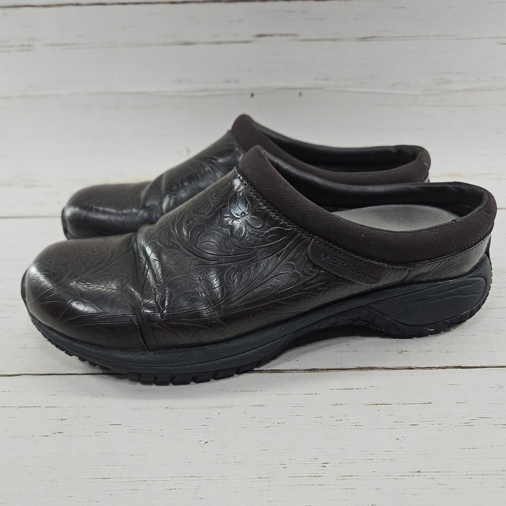 Merrell Encore Groove Floral Womens 9.5 Brown Clog Leather Slip On Mule Nurse - Picture 1 of 11